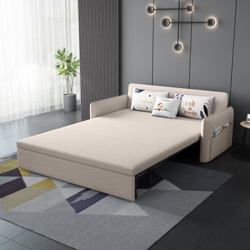 Beige Cotton-Linen One-Seater Loveseat Sleeper Sofa with Storage & Convertible Design